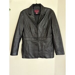 Merona Genuine Leather Jacket Women's L Soft Black Lined Pockets Button Down